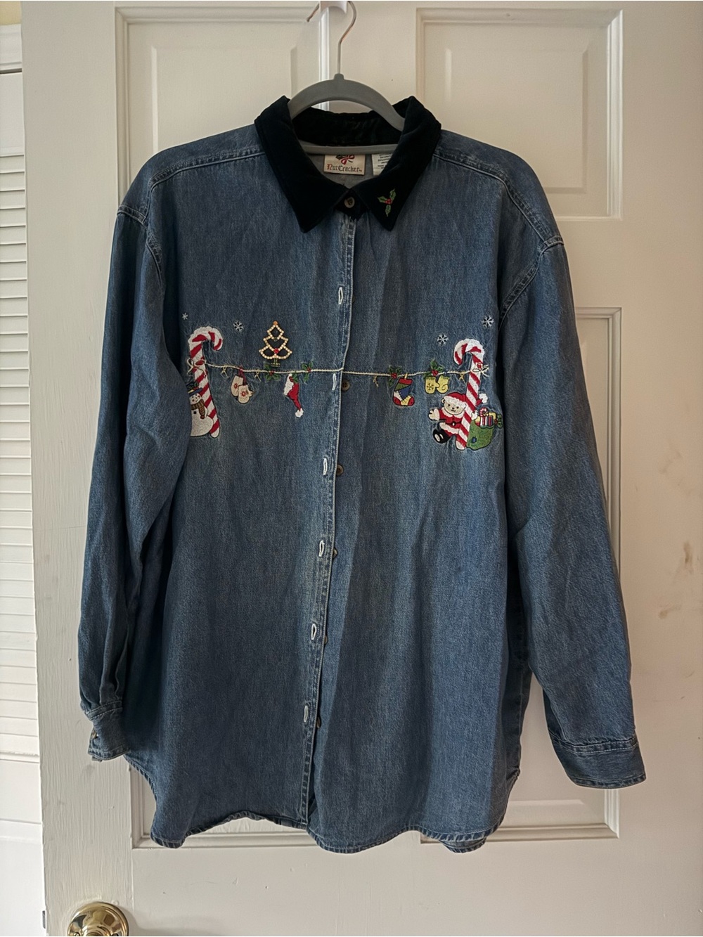Vintage Nutcracker Christmas Santa Denim Button Down Top